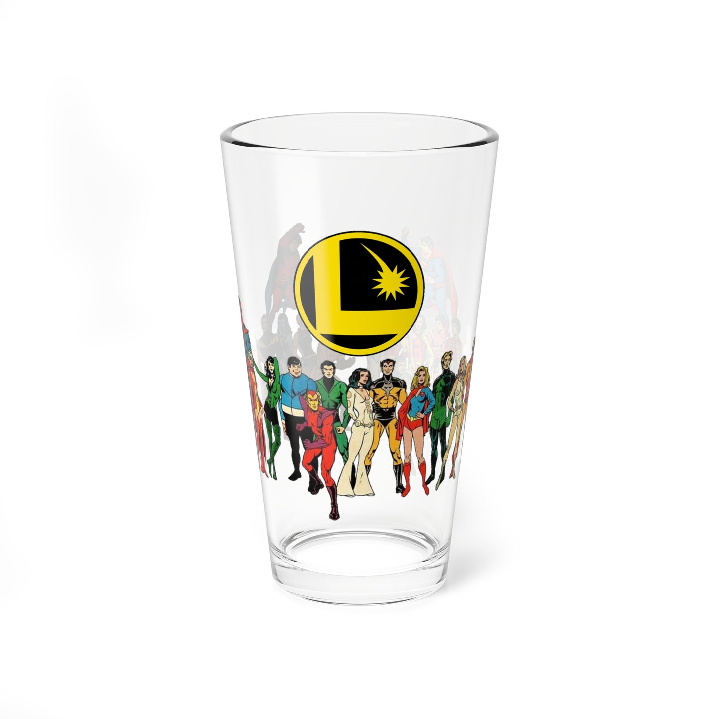 Legion of Super-Heroes Pint Glass, 16oz - Mike Grell DC Comics Art - Superboy, Saturn Girl, Cosmic Boy, Lightning Lad, Wildfire, Timber Wolf, Bouncing Boy, Supergirl