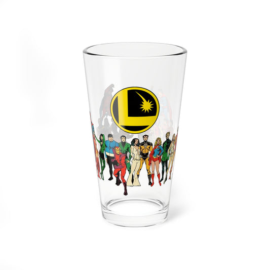 Legion of Super-Heroes Pint Glass, 16oz - Mike Grell DC Comics Art - Superboy, Saturn Girl, Cosmic Boy, Lightning Lad, Wildfire, Timber Wolf, Bouncing Boy, Supergirl