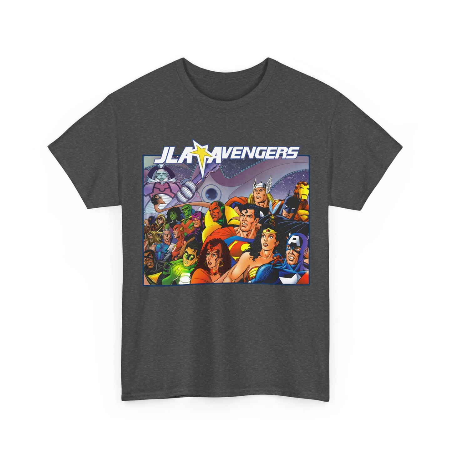 JLA/Avengers T-Shirt - George Perez Art - Wonder Woman, Scarlet Witch, Batman, Thor, Iron Man, Superman - DC Comics, Marvel Comics