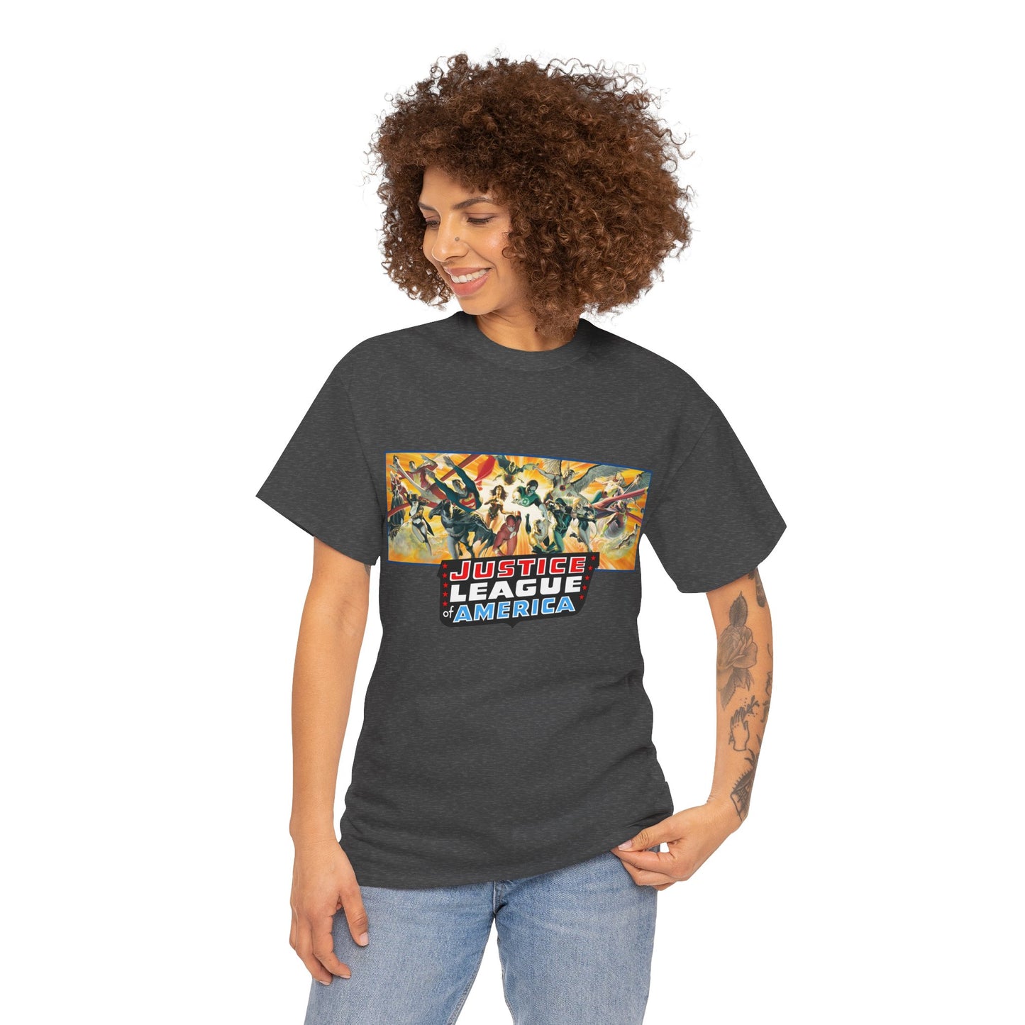 Justice League T-Shirt - Alex Ross Art - Superman, Batman, Wonder Woman, Black Canary, Hawkman, Green Lantern, Adam Strange, Plastic Man, Zatanna - DC Comics