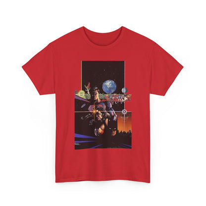 Crisis on Infinite Earths T-Shirt - George Perez Art - Superman, Batman, Wonder Woman, Captain Marvel, Blue Beetle, Kid Flash - Retro 1980s - DC Comics