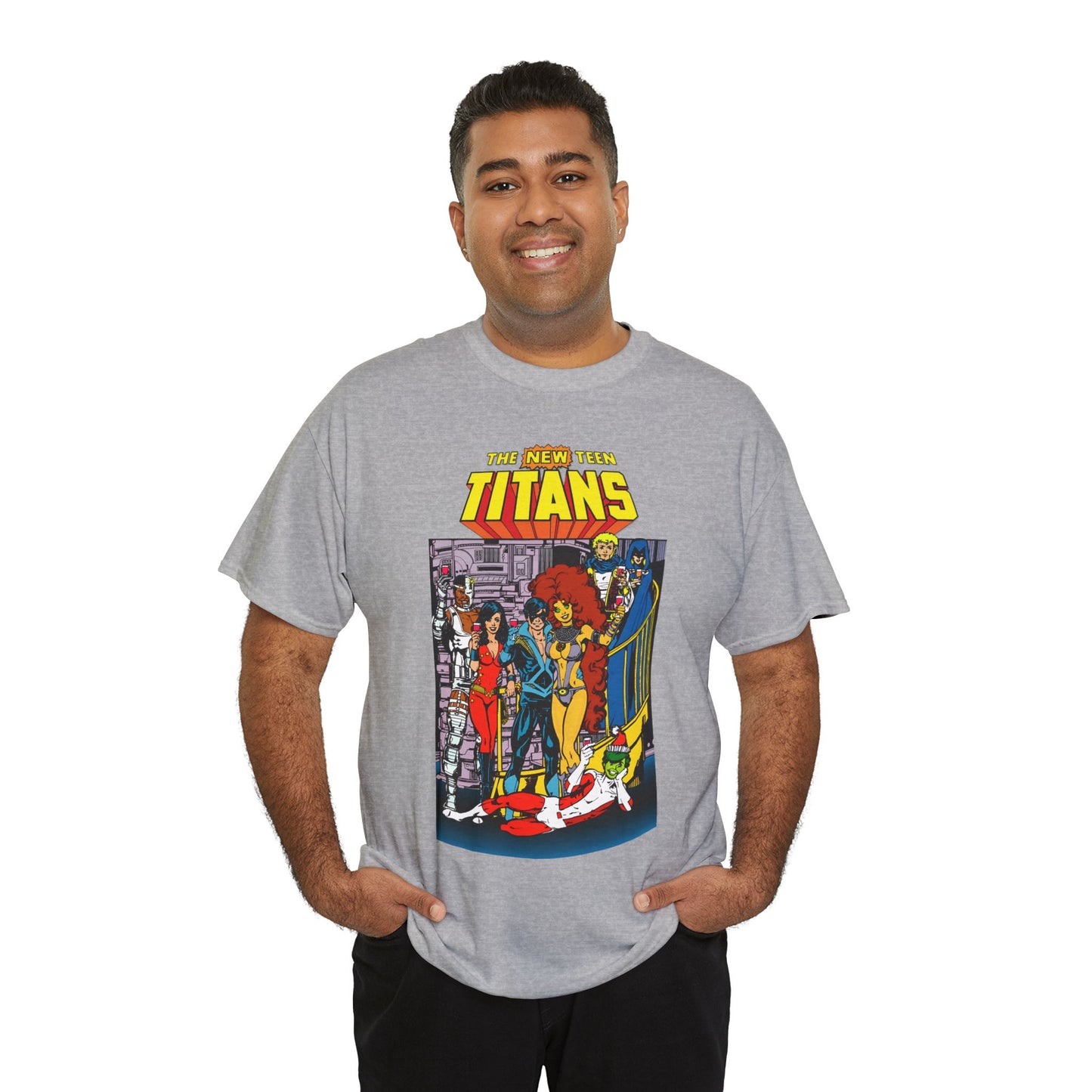 New Teen Titans T-Shirt - George Perez Art - Nightwing, Cyborg, Raven, Starfire, Wonder Girl, Changeling, Jericho - Titans Tower - DC Comics