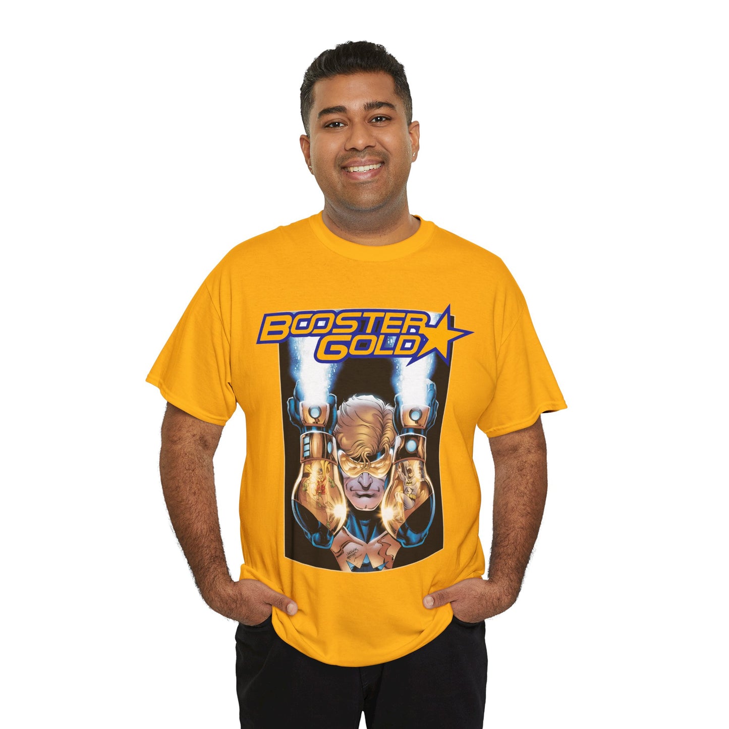Booster Gold T-Shirt - Dan Jurgens Art - Batman & Robin in His Gauntlets - DC Comics