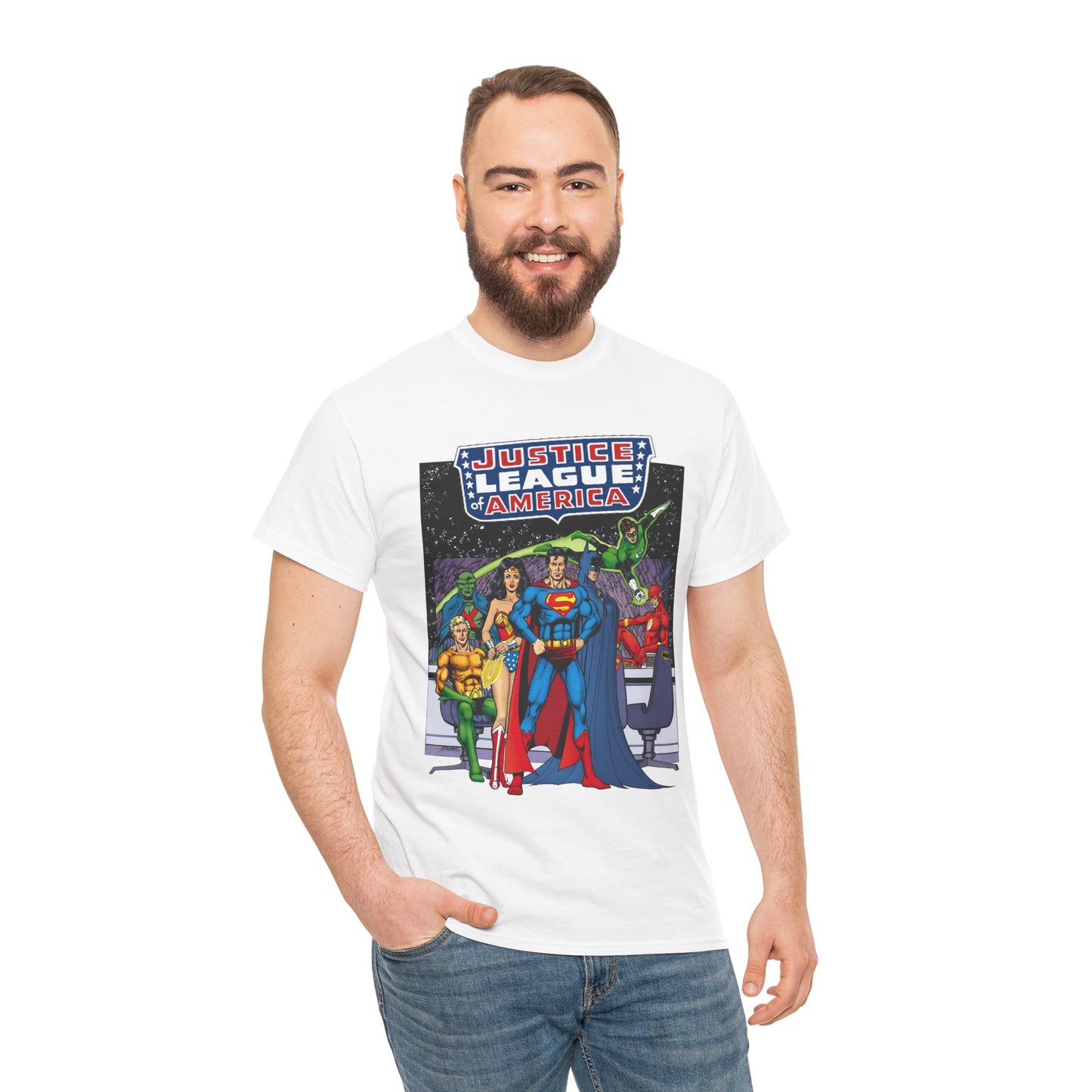 Justice League T-Shirt - George Perez Art - JLA Satellite Era - Superman, Wonder Woman, Green Lantern, Batman, Flash, Aquaman, Martian Manhunter - DC Comics