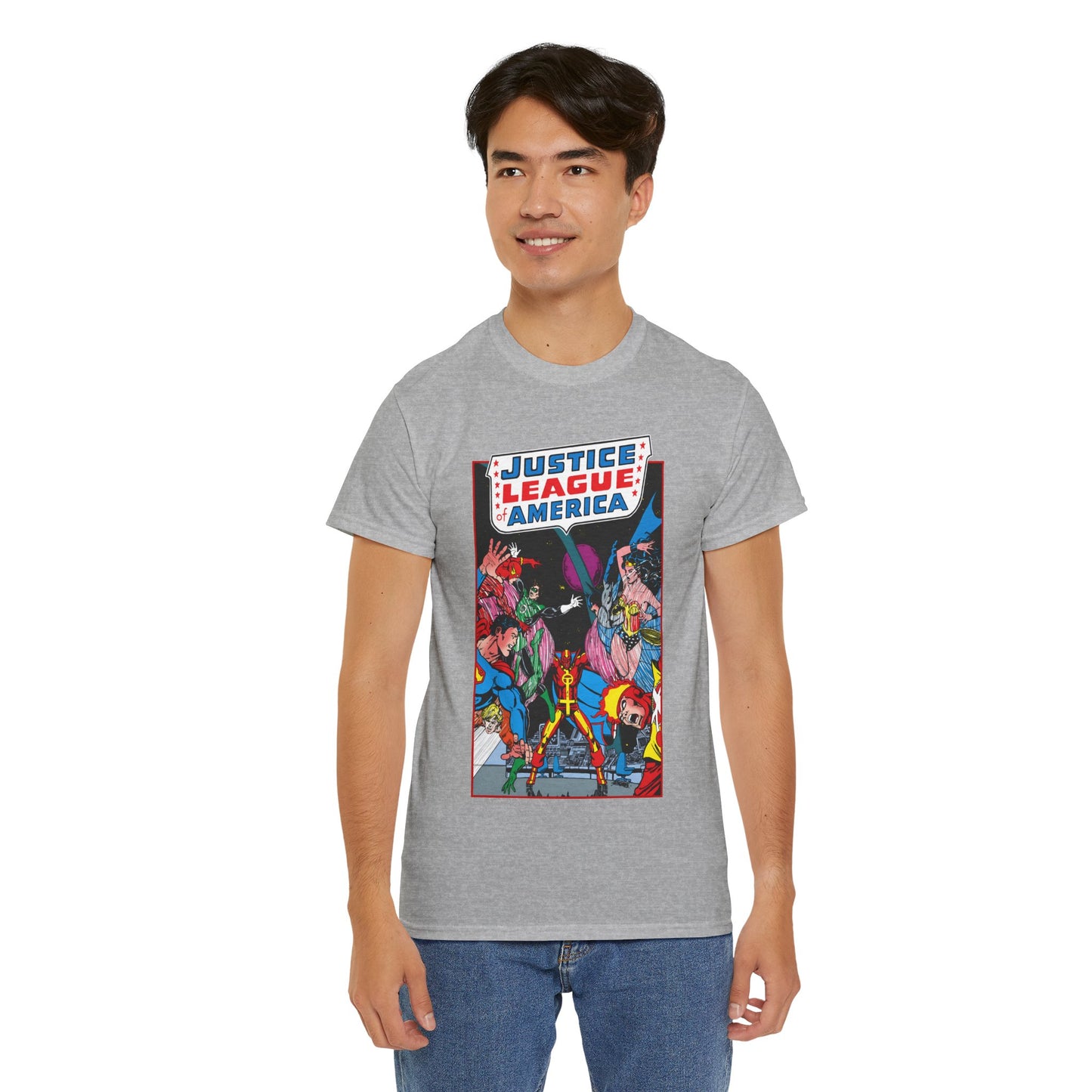 Justice League of America T-Shirt - George Perez Art - 1980s Satellite Era - Superman, Wonder Woman, Firestorm, Green Lantern, Batman - DC Comics