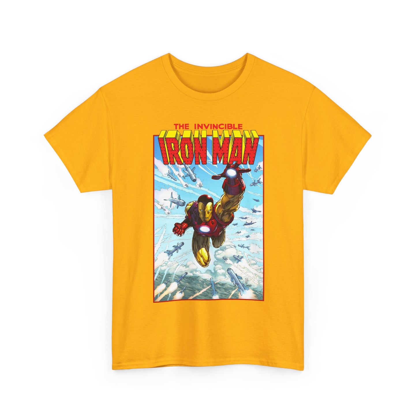 Yellow t-shirt with Iron Man graphic on a white background