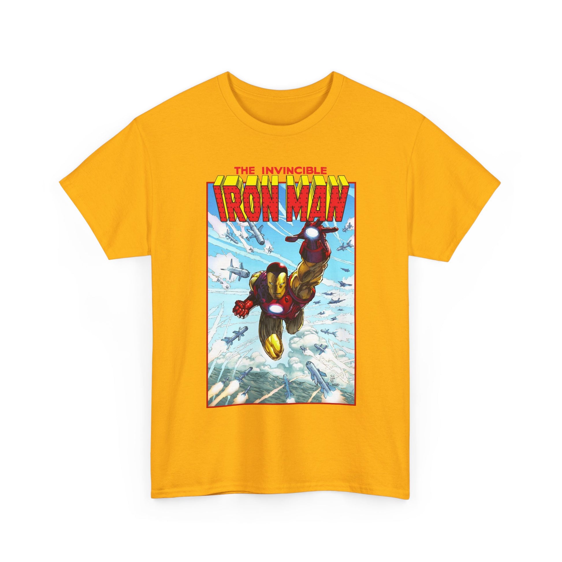 Yellow t-shirt with Iron Man graphic on a white background