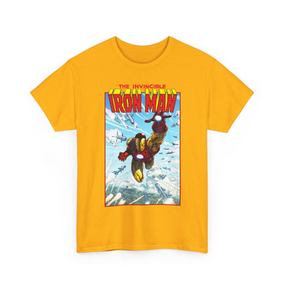 Yellow t-shirt with Iron Man graphic on a white background