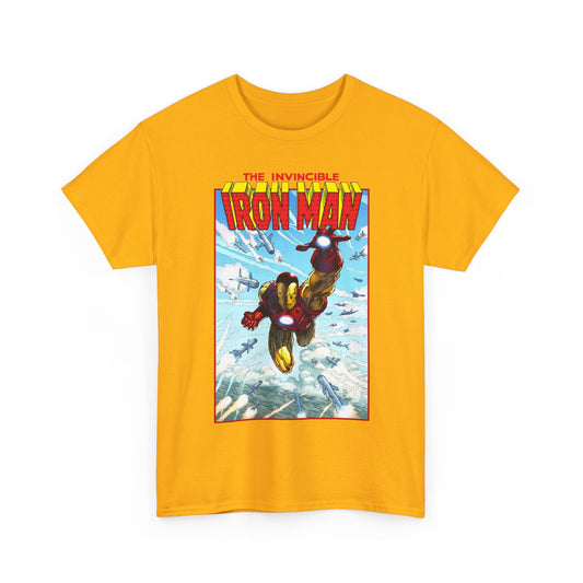 Yellow t-shirt with Iron Man graphic on a white background