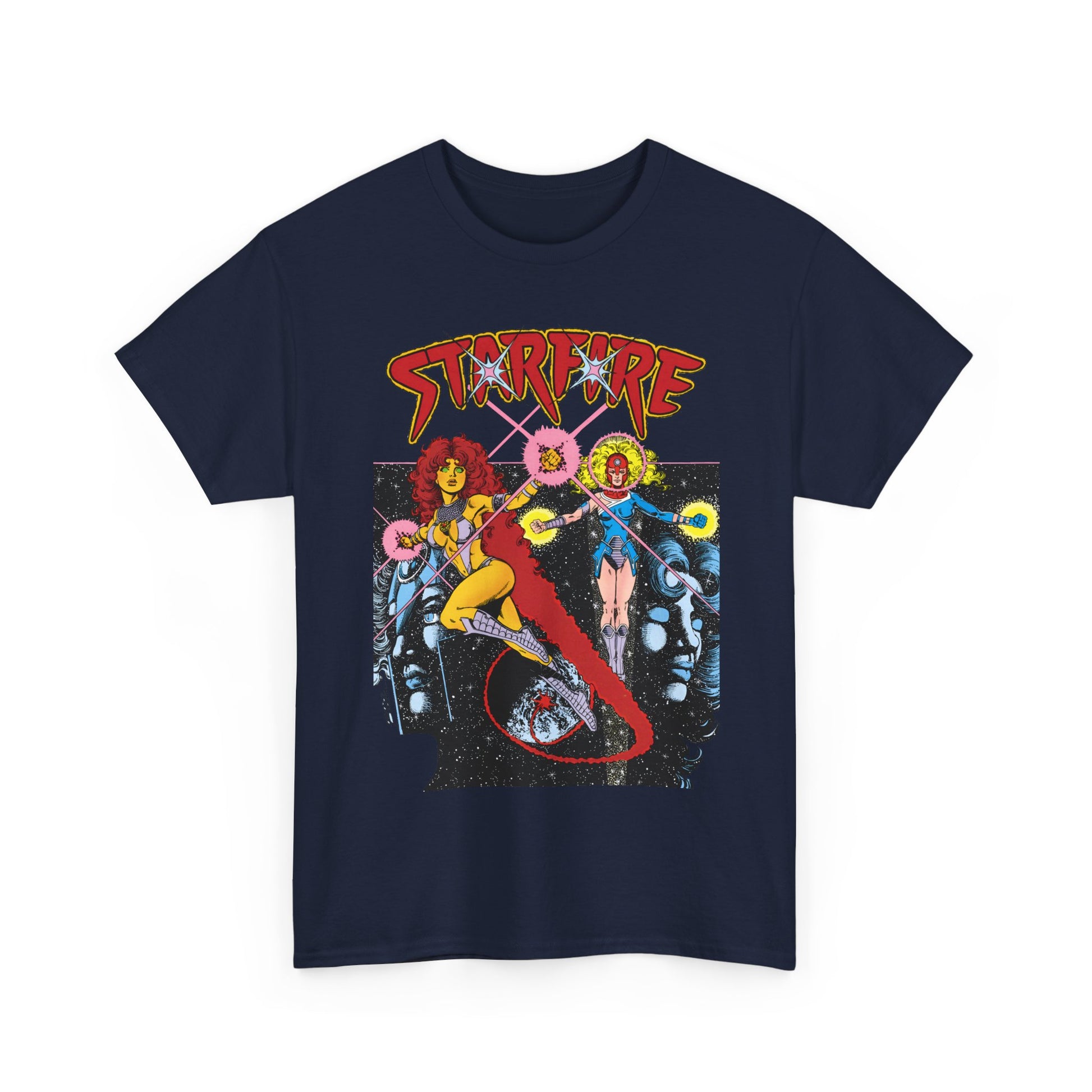Navy blue t-shirt with New Teen Titans' 'Starfire' graphic design featuring a superhero character on a white background