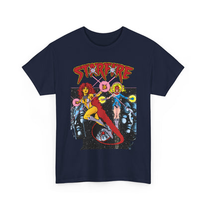 Navy blue t-shirt with New Teen Titans' 'Starfire' graphic design featuring a superhero character on a white background