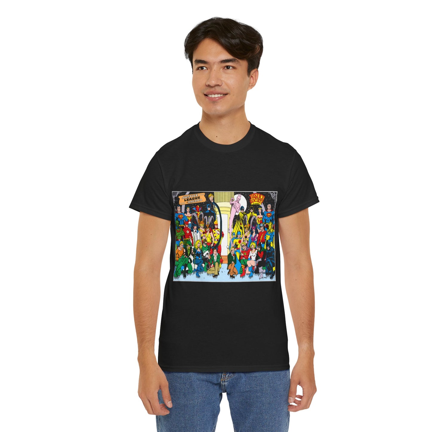 JLA & JSA T-Shirt - George Perez Art - Justice League, Society Team-up - Batman, Wildcat, Dr Fate, Hourman, Firestorm, Superman