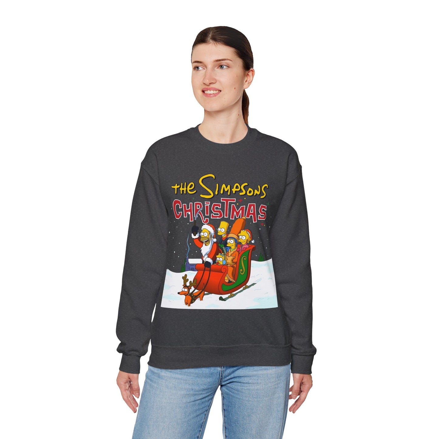 Simpsons Family Christmas Crewneck Sweatshirt - Homer, Marge, Bart, Lisa, Maggie - Riding a Christmas Sleigh Through the Winter Snow