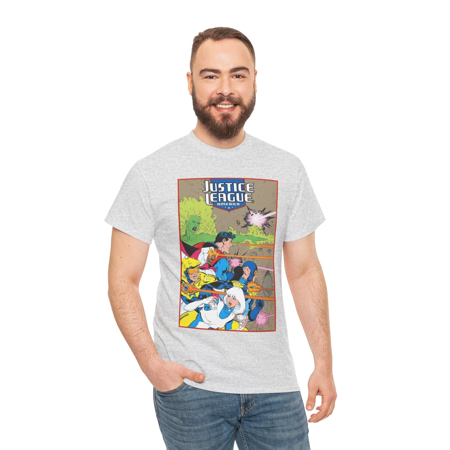 Justice League of America T-Shirt - Dan Jurgens Art - Superman, Fire, Ice, Blue Beetle, Booster Gold, Bloodwynde - DC Comics