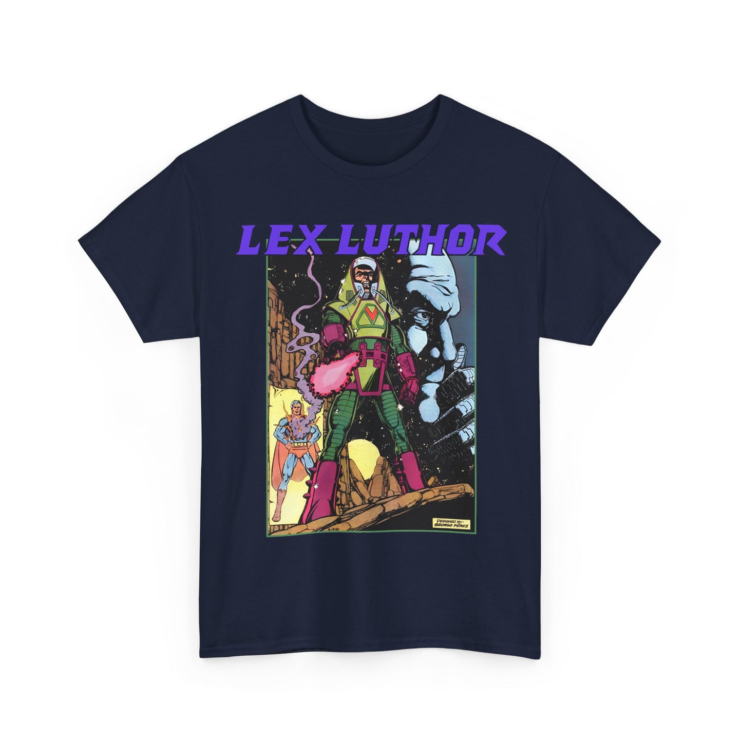 Lex Luthor T-Shirt - George Perez Art - 1980s DC Comics - Action Comics Armor - Inspiration for Super Powers Figure - Superman Enemy