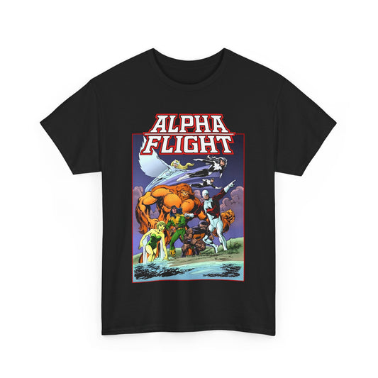 Alpha Flight T-Shirt - John Byrne Art - Guardian, Aurora, Northstar, Shaman, Snowbird, Puck - Marvel Comics - Canada's Super-Team