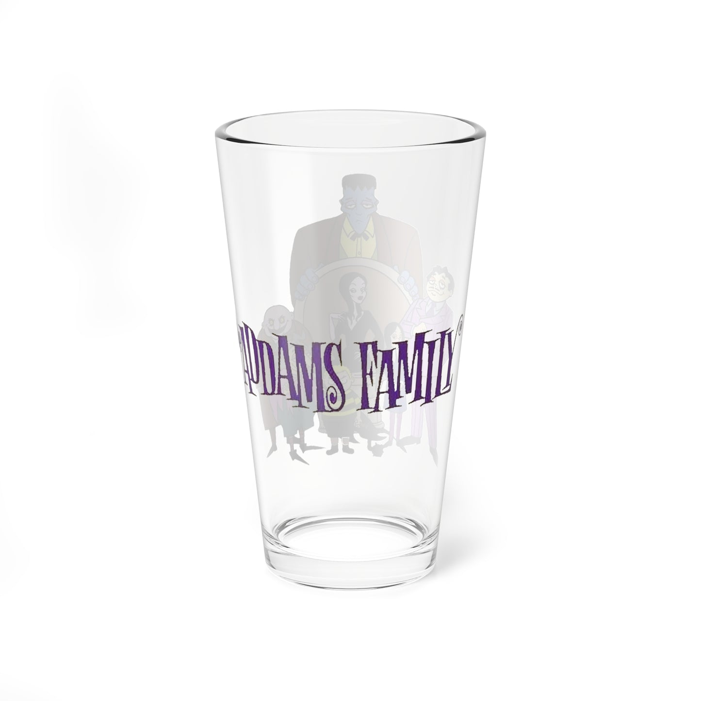 The Addams Family Pint Glass, 16oz - Hanna-Barbera Saturday Morning Cartoon 1970s - Morticia, Gomez, Pugsley, Wednesday, Lurch, Uncle Fester
