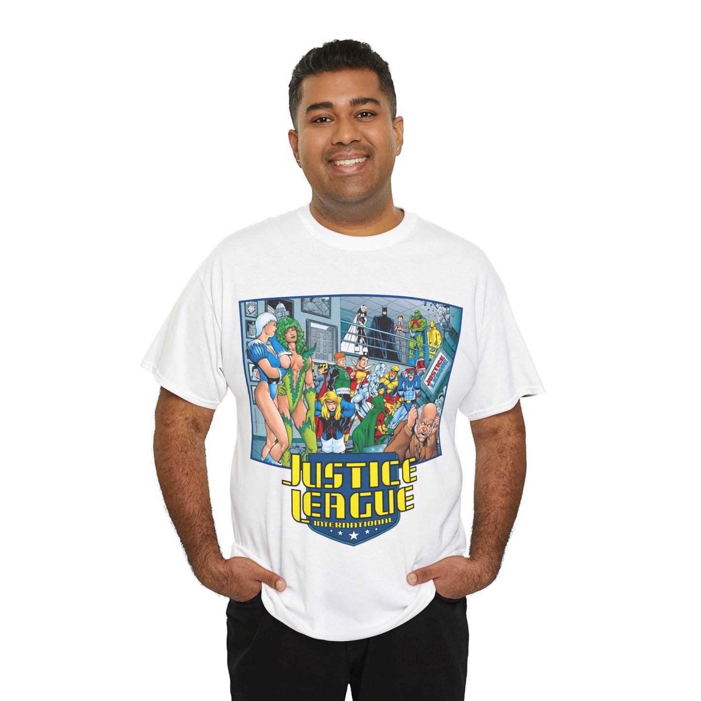 Justice League International T-Shirt - Kevin Maguire Art - Blue Beetle, Booster Gold, Martian Manhunter, Captain Atom, Batman, Fire, Ice - DC Comics - JLI