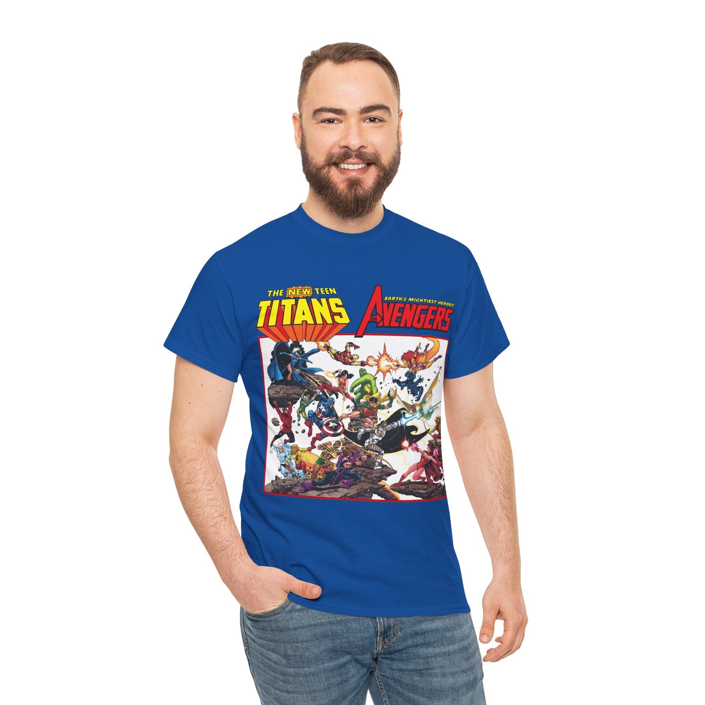 New Teen Titans Vs Avengers T-Shirt - George Perez Art - Hawkeye, Wonder Man, Raven, Starfire, Cyborg, Scarlet Witch, Wonder Girl - DC Comics & Marvel Comics