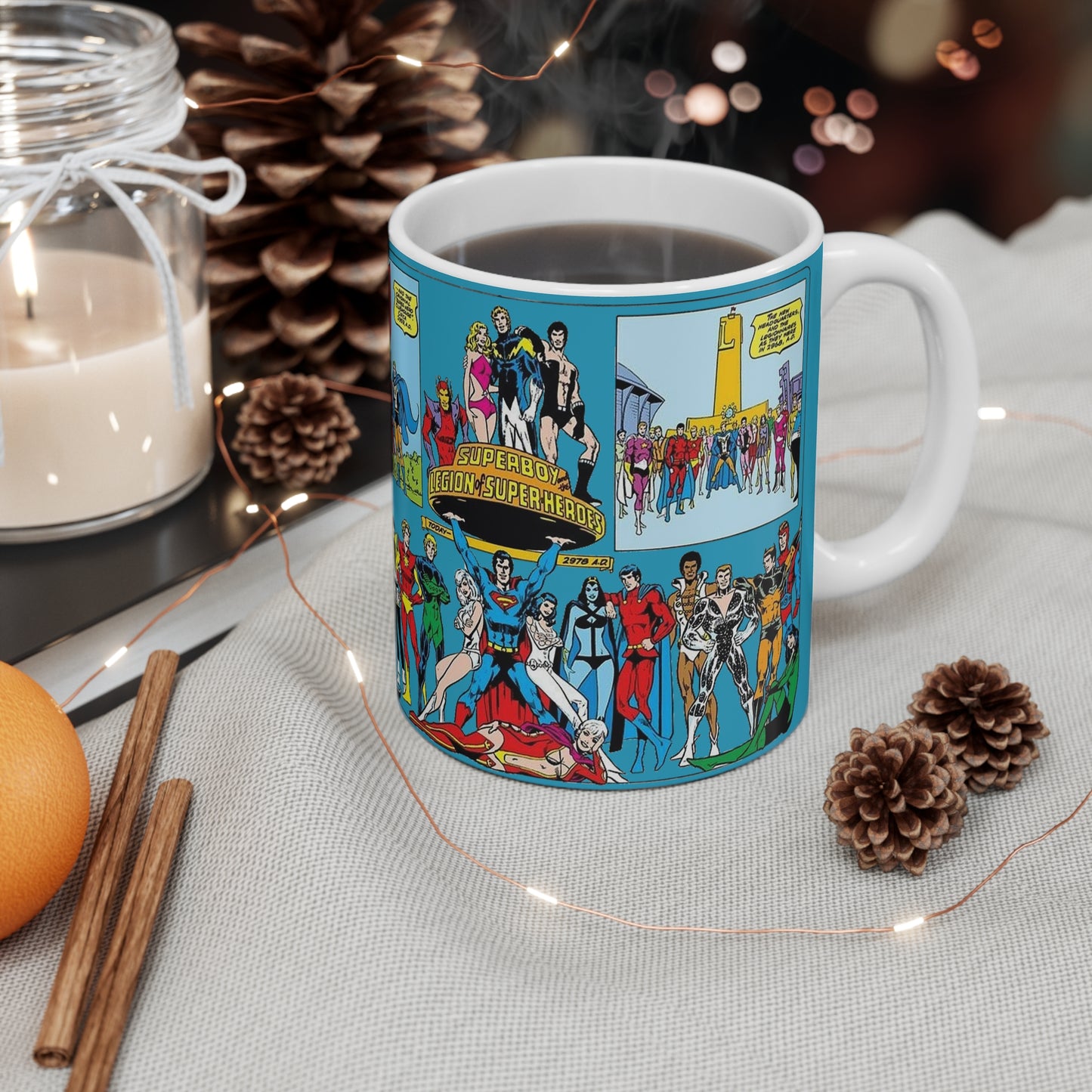 Superboy & Legion of Super-Heroes Coffee Mug, 11oz - DC Comics - Cosmic Boy, Lightning Lad, Saturn Girl, Mon-El, Shadow Lass - Silver/Bronze Age Art