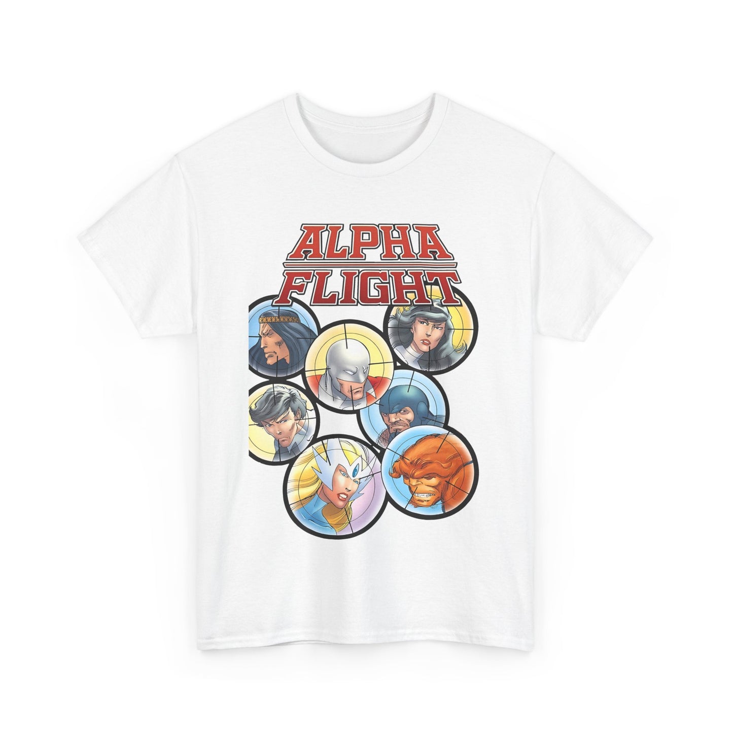 Alpha Flight T-Shirt - John Byrne Art - Guardian, Aurora, Northstar, Sasquatch, Shaman, Puck, Snowbird - Canada's Super Heroes - Marvel Comics