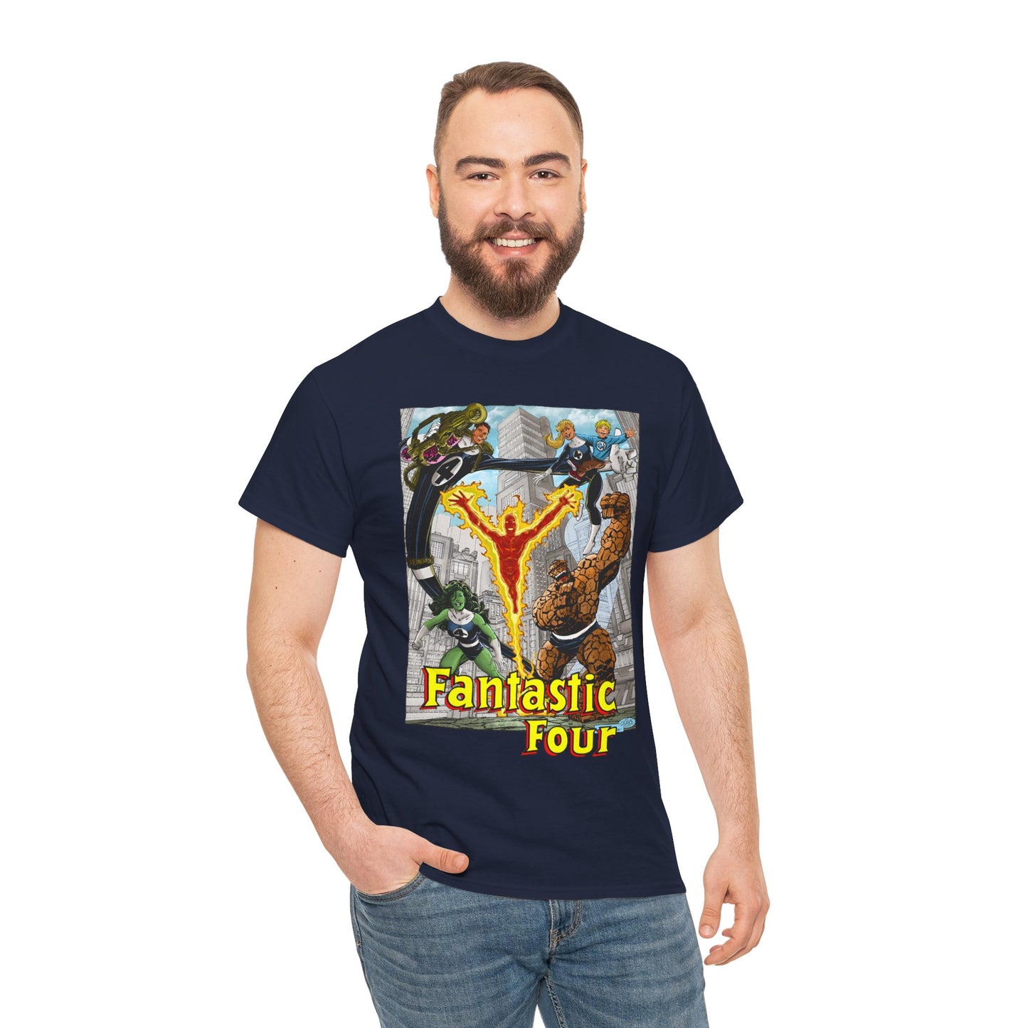 Fantastic Four T-Shirt - John Byrne Art - She-Hulk, Invisible Woman, Thing, Reed Richards, Human Torch - Baxter Building - Marvel Comics