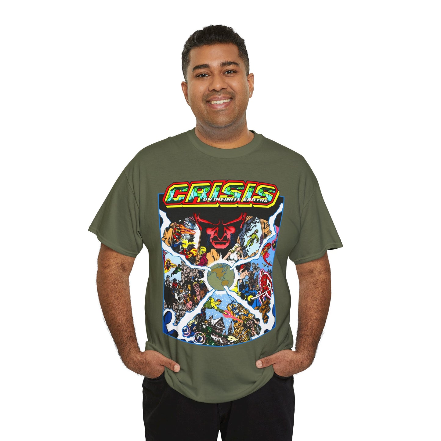 Crisis on Infinite Earths T-Shirt - George Perez Art - #3 Cover - Monitor, Flash, Starfire, Brainiac 5, Dream Girl - DC Comics