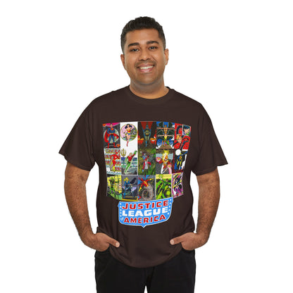 JLA Postcard T-Shirt - George Perez Art - Zatanna, Green Lantern, Flash, Batman, Hawkman, Wonder Woman, Firestorm - Justice League of America - DC Comics