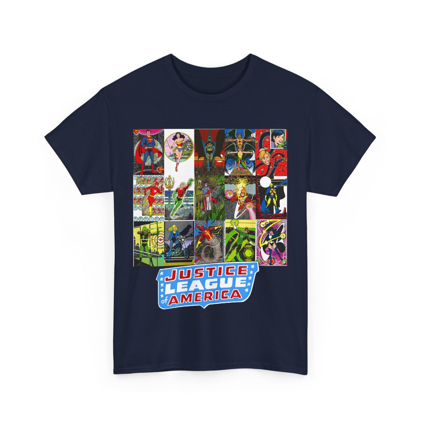 JLA Postcard T-Shirt - George Perez Art - Zatanna, Green Lantern, Flash, Batman, Hawkman, Wonder Woman, Firestorm - Justice League of America - DC Comics