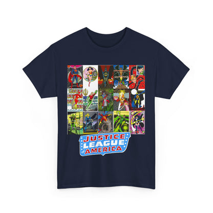 JLA Postcard T-Shirt - George Perez Art - Zatanna, Green Lantern, Flash, Batman, Hawkman, Wonder Woman, Firestorm - Justice League of America - DC Comics