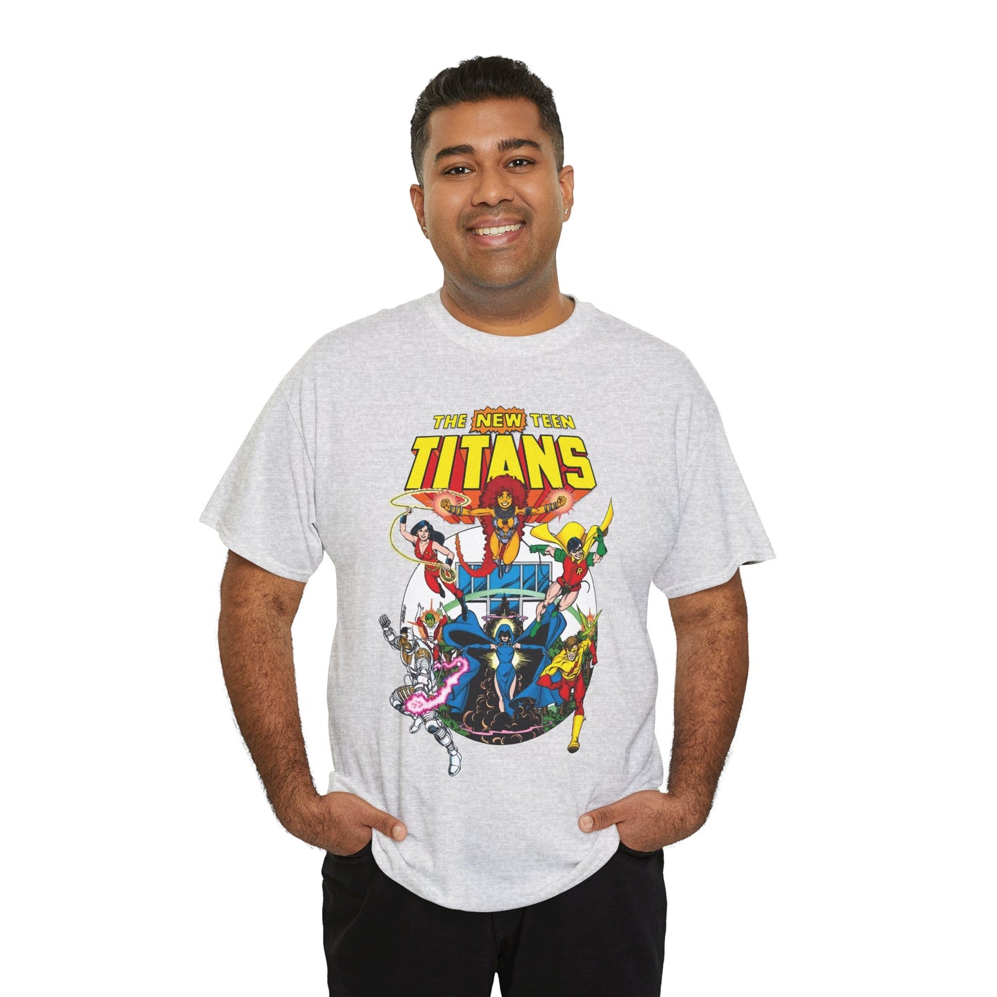 New Teen Titans T-Shirt - Classic George Perez Art - Cyborg, Raven, Starfire, Robin, Wonder Girl, Changeling, Kid Flash - Titans Tower - Popular DC Comics 1980s Series