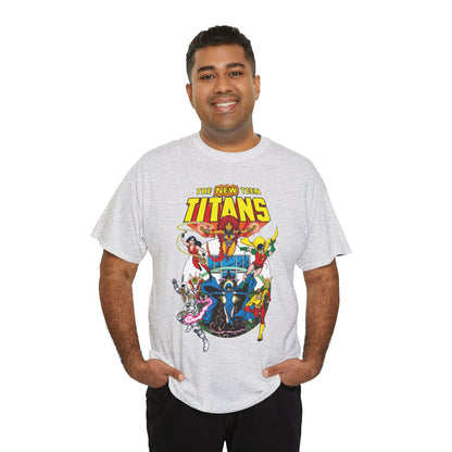 New Teen Titans T-Shirt - Classic George Perez Art - Cyborg, Raven, Starfire, Robin, Wonder Girl, Changeling, Kid Flash - Titans Tower - Popular DC Comics 1980s Series