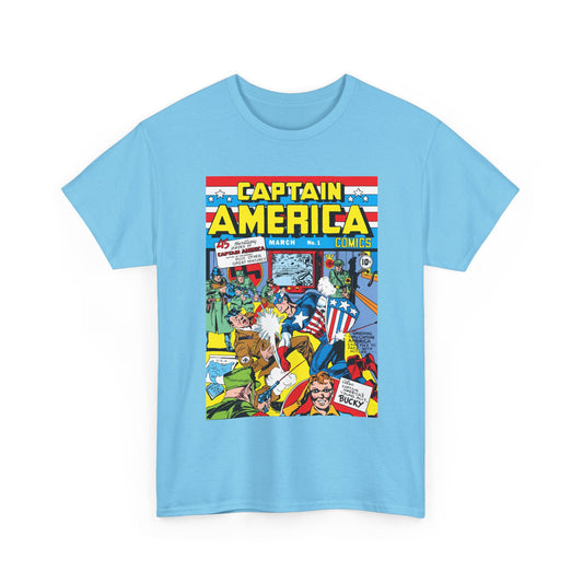 Light blue t-shirt with Captain America comic book cover design on a white background