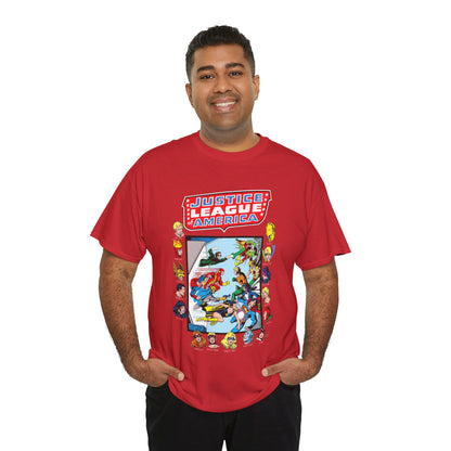 JLA & JSA T-Shirt - George Perez Art - All-Star Squadron - Firestorm, Huntress, Starman, Zatanna, Liberty Belle, Superman, Robotman, Firebrand, Dr Fate - DC Comics