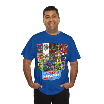 JLA Postcard T-Shirt - George Perez Art - Zatanna, Green Lantern, Flash, Batman, Hawkman, Wonder Woman, Firestorm - Justice League of America - DC Comics