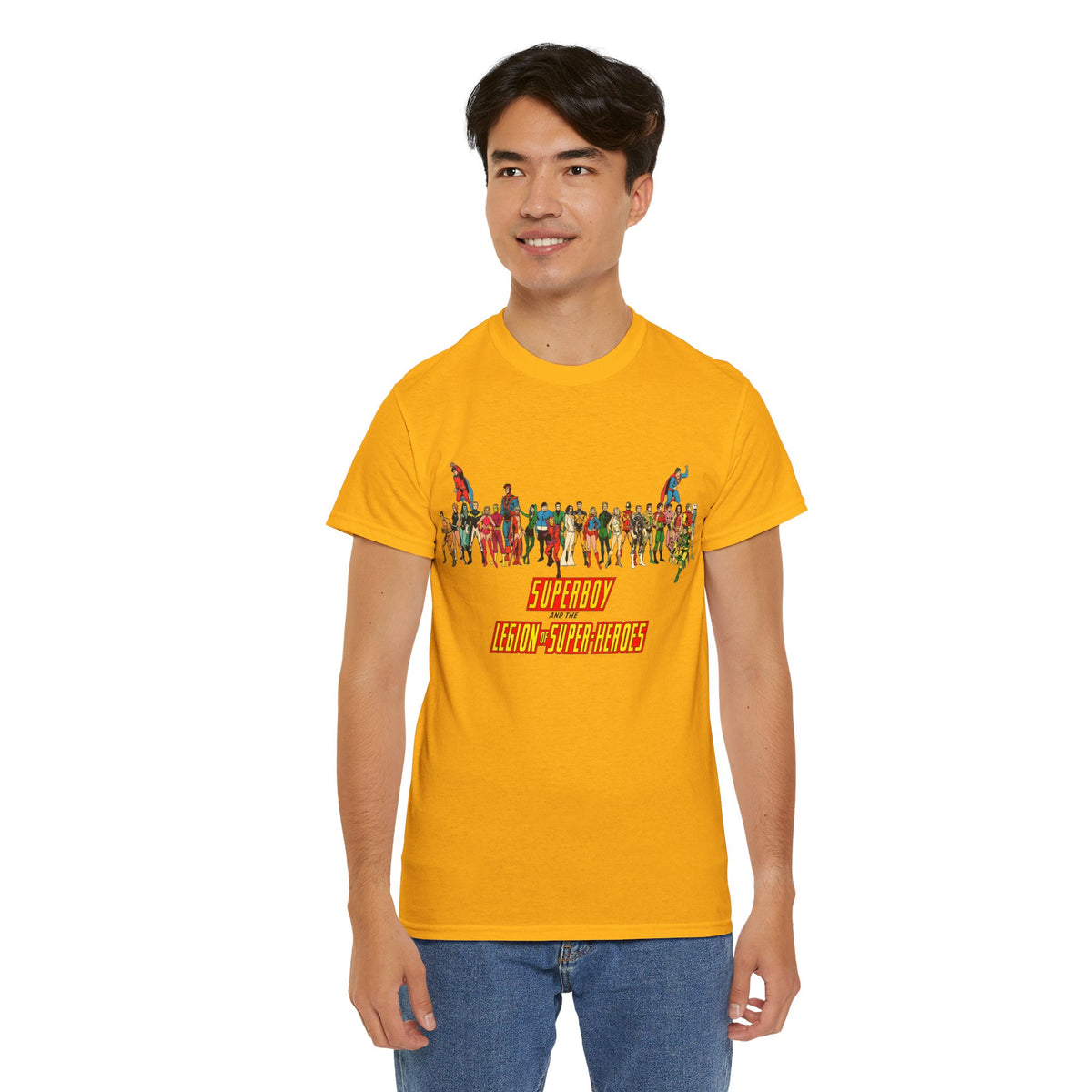 Superboy & Legion of Super-Heroes T-Shirt - 1970s DC Comics Art - Saturn Girl, Lightning Lad, Brainiac 5, Supergirl, Dawnstar, Mon-El, Bouncing Boy, Wildfire - LOSH