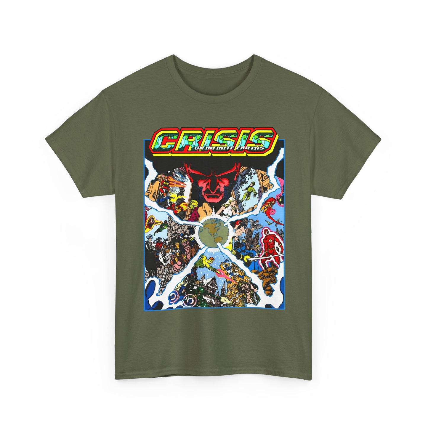 Crisis on Infinite Earths T-Shirt - George Perez Art - #3 Cover - Monitor, Flash, Starfire, Brainiac 5, Dream Girl - DC Comics