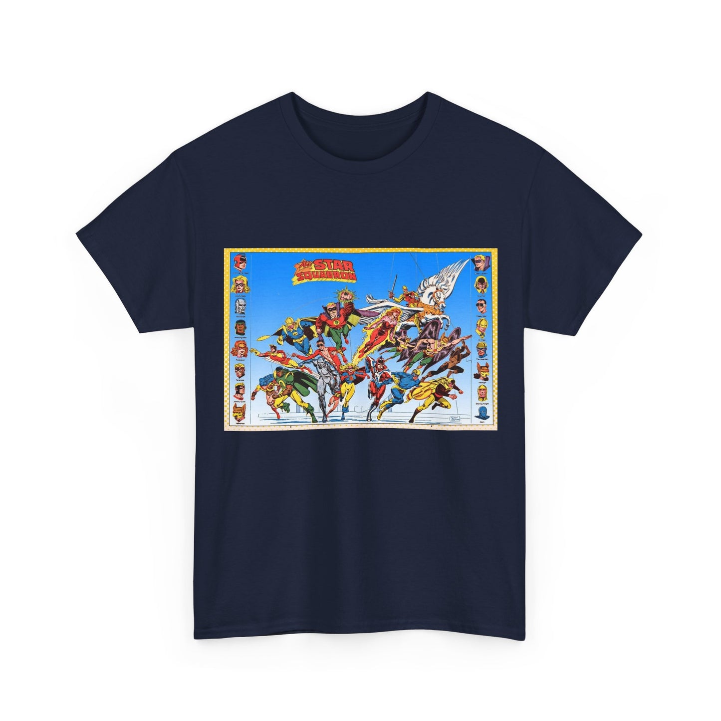 All-Star Squadron T-Shirt - Jerry Ordway Art - JSA Connection - Firebrand, Robotman, Amazing Man, Shining Knight, Tarantula, Dr Fate - Retro 1980s Series - DC Comics