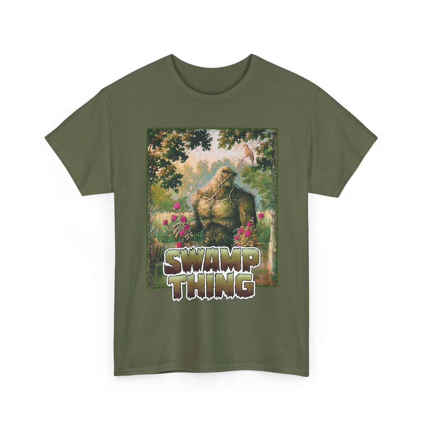 Green t-shirt with 'Swamp Thing' graphic design on a white background