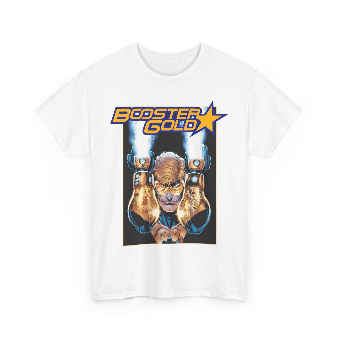 Booster Gold T-Shirt - Dan Jurgens Art - Batman & Robin in His Gauntlets - DC Comics