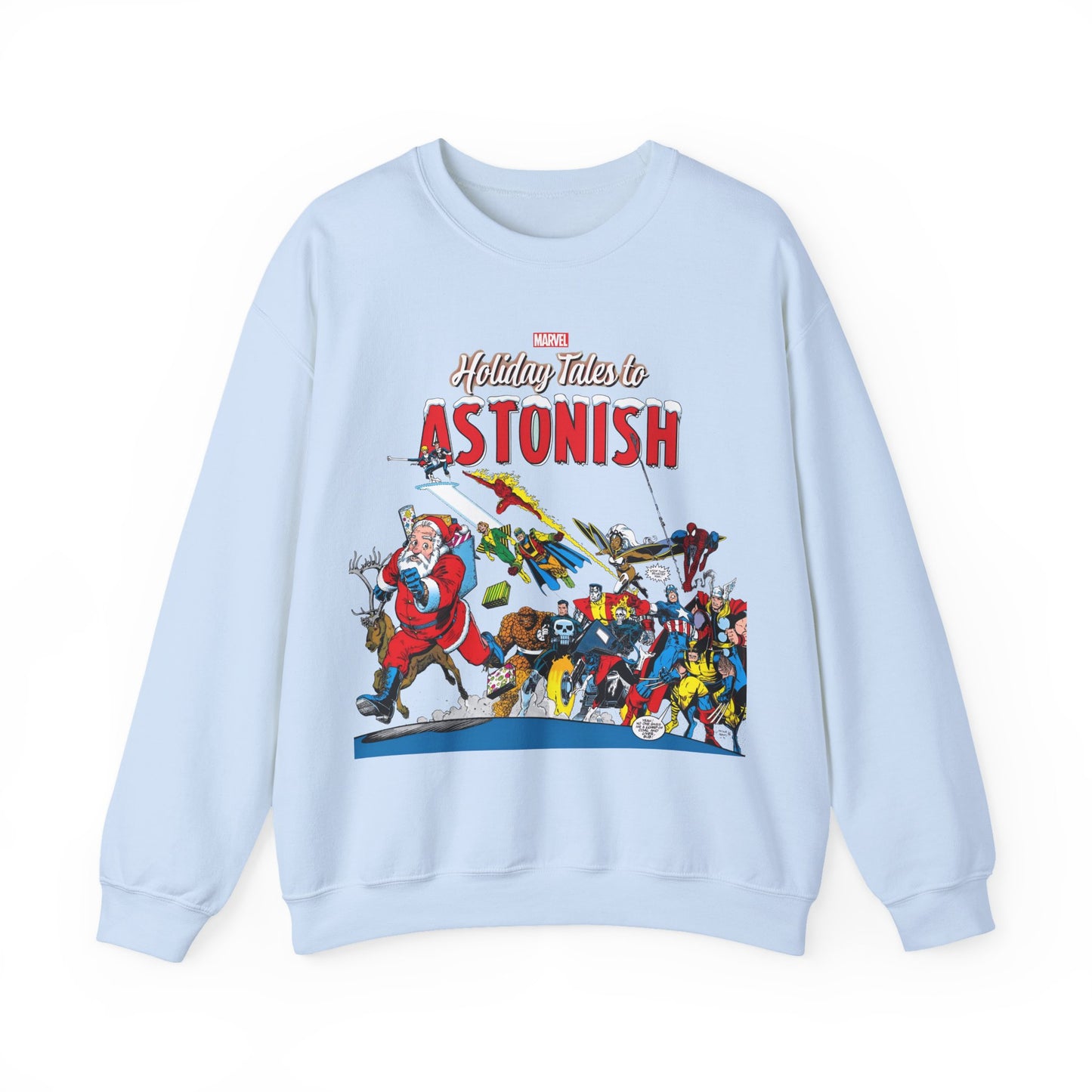Light blue Christmas-themed sweatshirt with Marvel characters on a white background