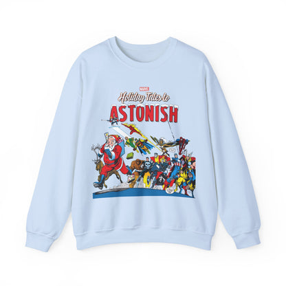 Light blue Christmas-themed sweatshirt with Marvel characters on a white background