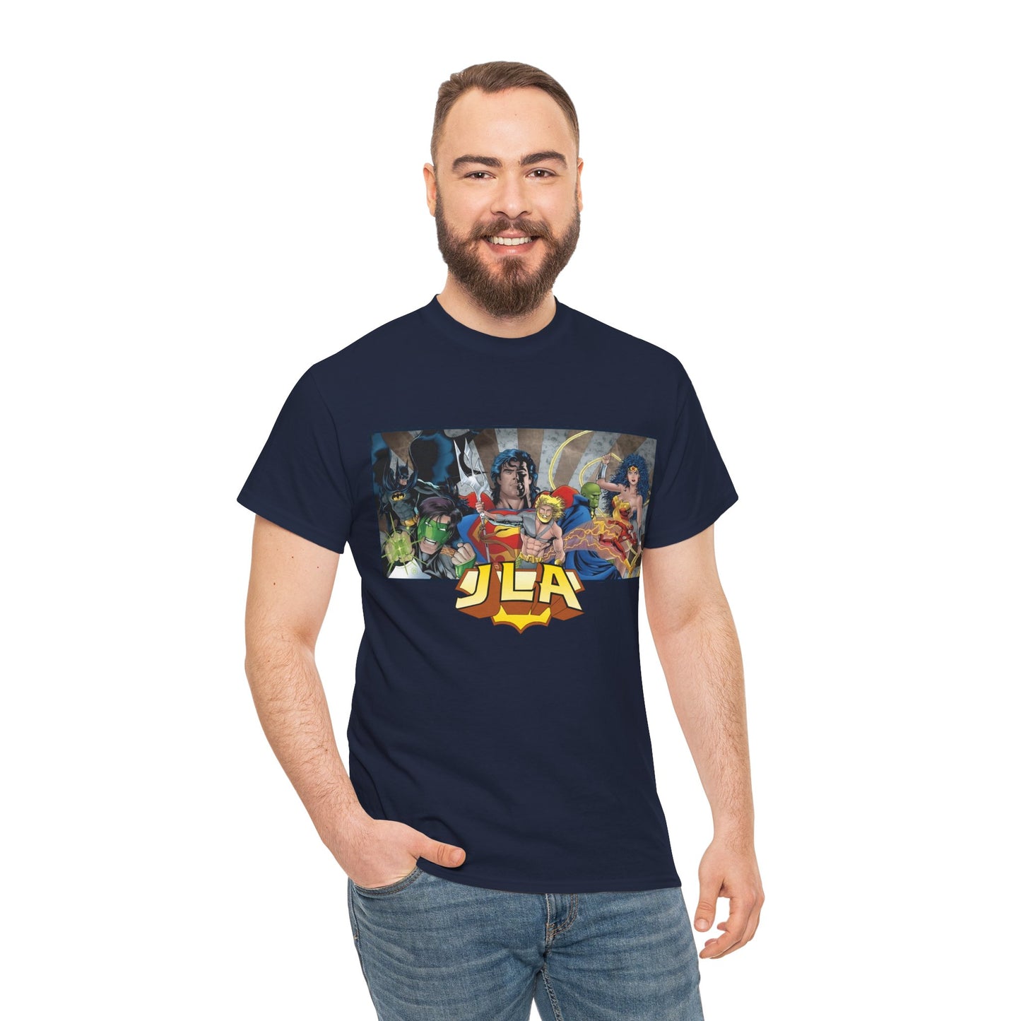 Justice League T-Shirt - Kevin Maguire Art - Superman, Wonder Woman, Batman, Flash, Aquaman, Martian Manhunter, Green Lantern - 90s Lineup - DC Comics