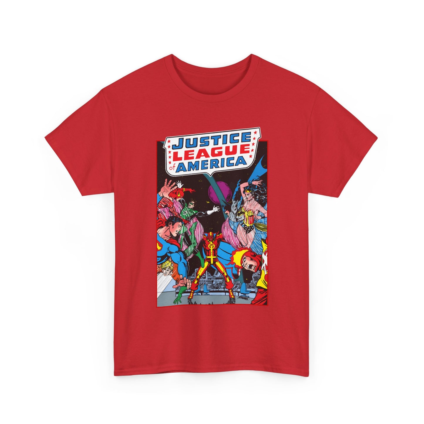 Justice League of America T-Shirt - George Perez Art - 1980s Satellite Era - Superman, Wonder Woman, Firestorm, Green Lantern, Batman - DC Comics