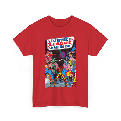 Justice League of America T-Shirt - George Perez Art - 1980s Satellite Era - Superman, Wonder Woman, Firestorm, Green Lantern, Batman - DC Comics
