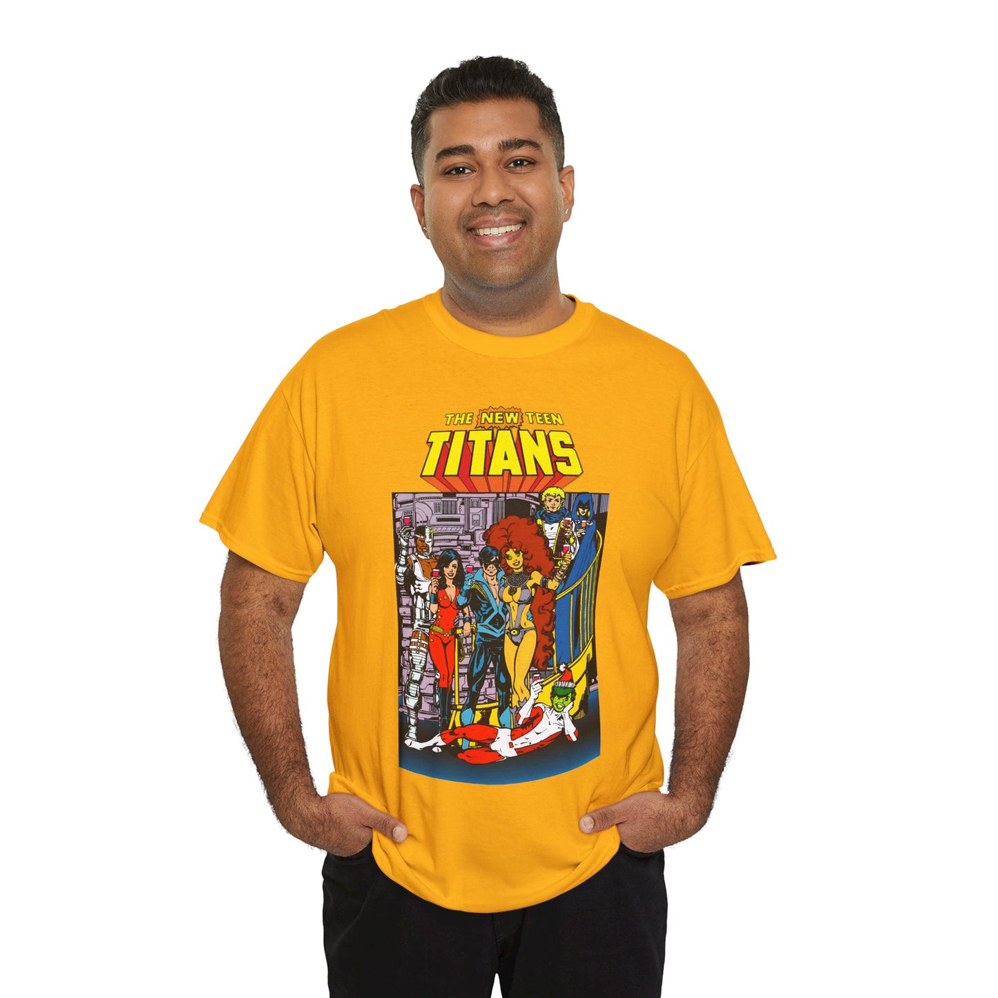 New Teen Titans T-Shirt - George Perez Art - Nightwing, Cyborg, Raven, Starfire, Wonder Girl, Changeling, Jericho - Titans Tower - DC Comics