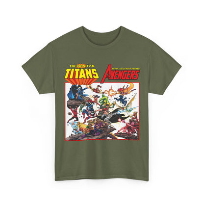 New Teen Titans Vs Avengers T-Shirt - George Perez Art - Hawkeye, Wonder Man, Raven, Starfire, Cyborg, Scarlet Witch, Wonder Girl - DC Comics & Marvel Comics