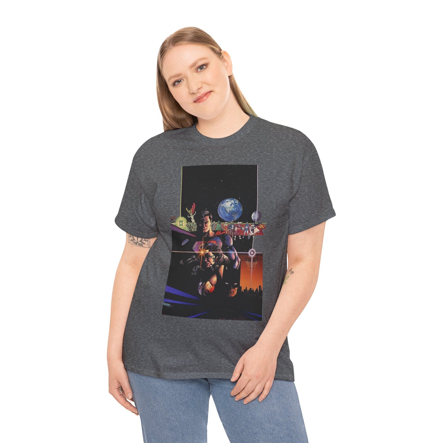 Crisis on Infinite Earths T-Shirt - George Perez Art - Superman, Batman, Wonder Woman, Captain Marvel, Blue Beetle, Kid Flash - Retro 1980s - DC Comics