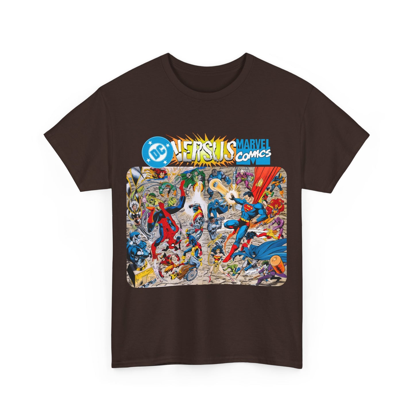 DC Comics Vs Marvel T-Shirt - John Byrne Art - Spider-Man, Raven, Cyborg, Wolverine, Joker, Superman, Batman, Deathstroke, Darkseid