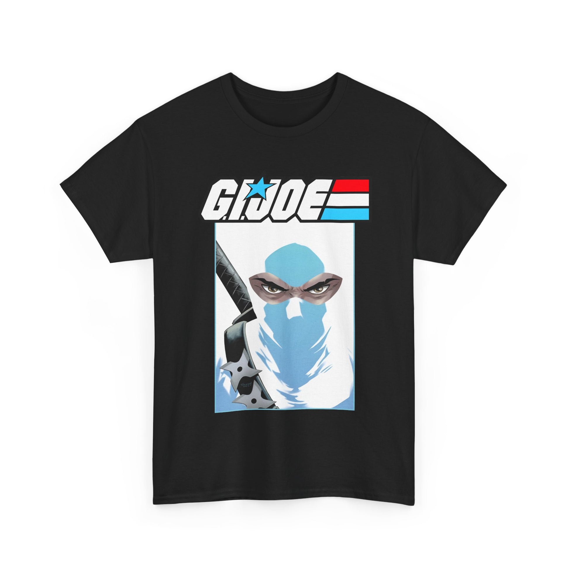 Black t-shirt with G.I. Joe graphic featuring a character with a blue mask and weapon on a white background.